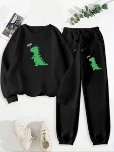 Women's Cartoon Dinosaur Print Sweatshirt & Drawstring Waist Sweatpants Set, Casual Fashion Cozy Breathable Two-piece Outfits for Daily Outdoor Wear, Women Clothes for Fall & Winter
