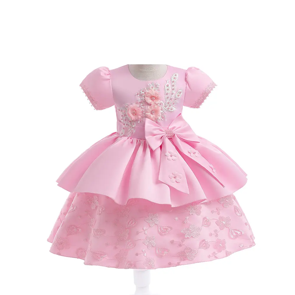 Flower Pink Princess Dress For Girl Children Costume Beads Party Dresses Girls Clothes Wedding Prom Gown Short Sleeve baptism  dress formal dress