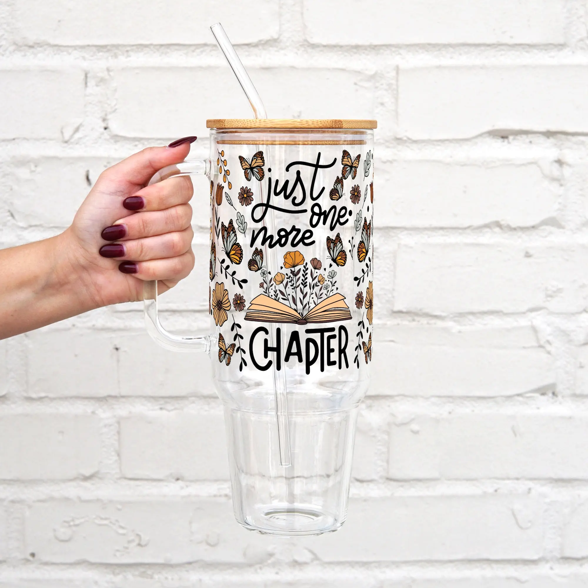 One More Chapter 40oz Glass Tumbler with Lid and Straw, Iced Coffee Drinkware, Gift for Her, Acrylic Tumbler, water bottle for women, book lover gifts, Water Bottles, Cup, Bamboo, Aesthetic
