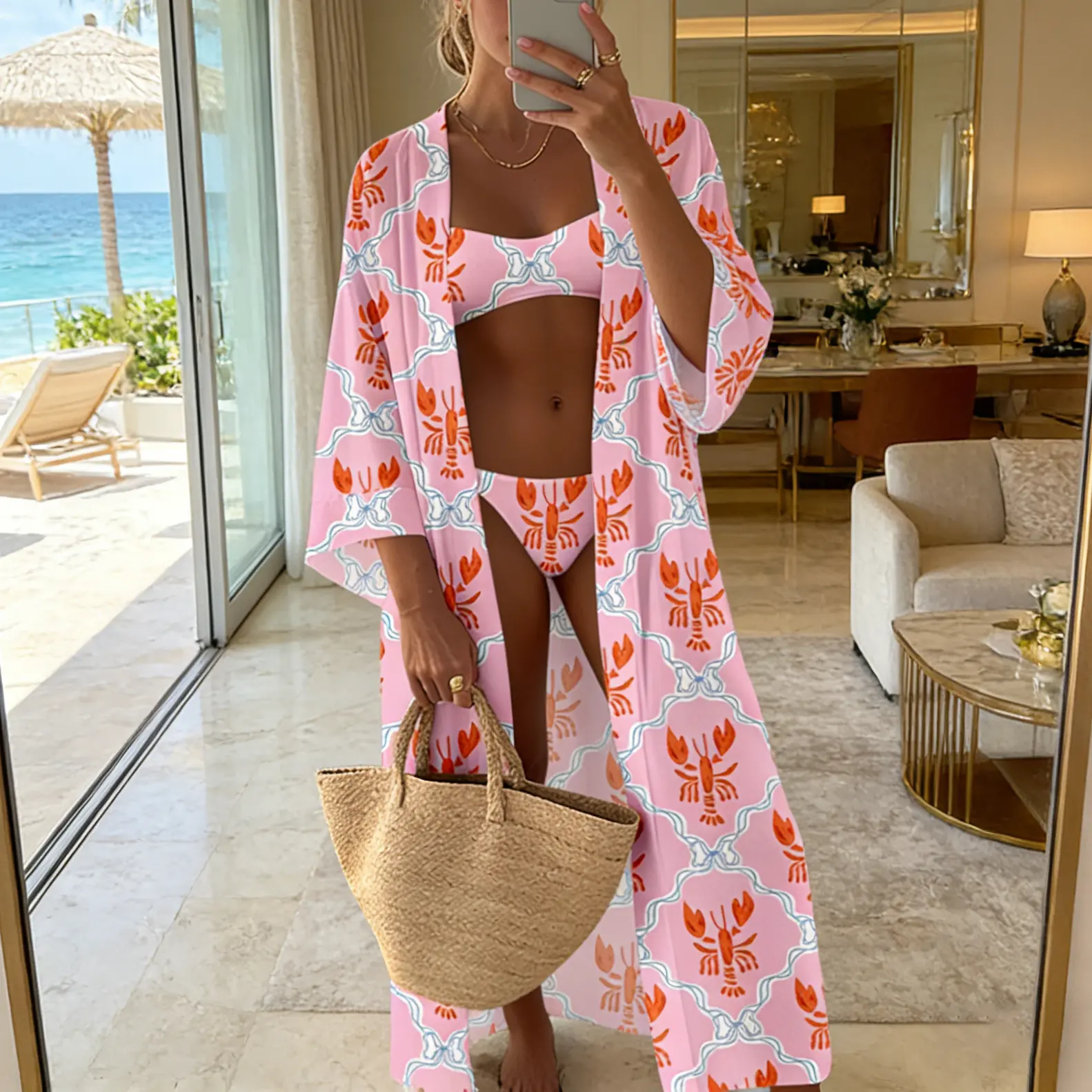 Women's 2-Piece Pink Lobster Printed Bikini Swimsuit Set (Bikini & Coverup) - Square & Triangle Styles, Cotton-Like Soft Top, Thin Straps, Long-Sleeve Beach Cardigan for Pool Parties