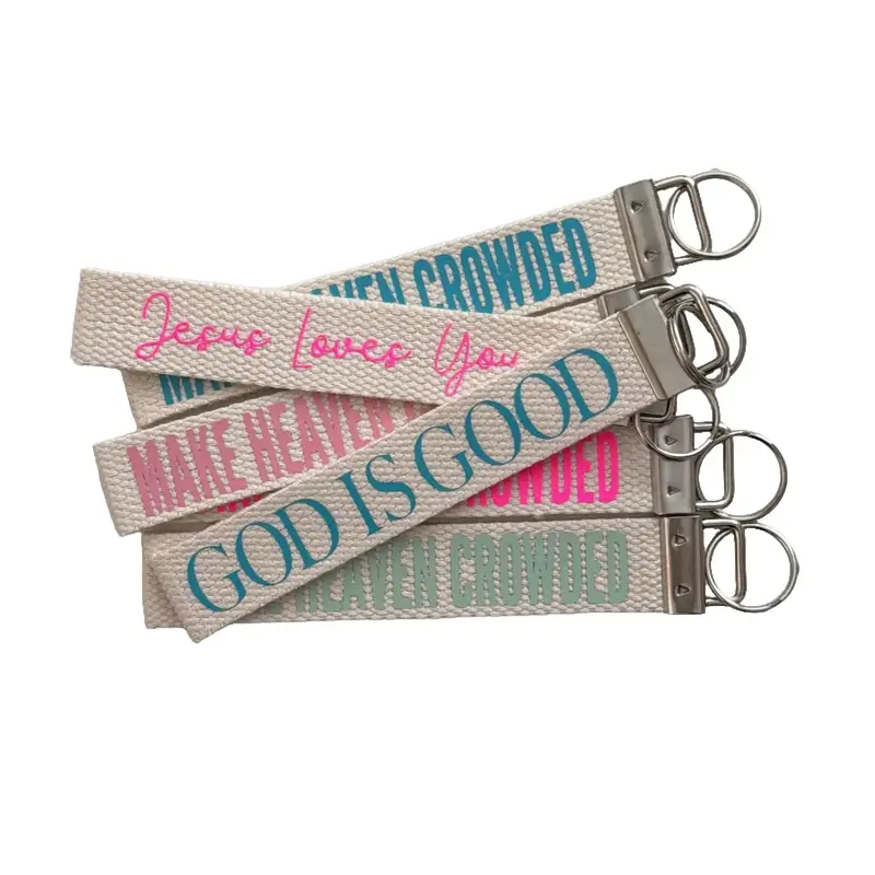 Christian Charm Keychain Wristlet Key Holder - 100% Durable Cotton Fabric, 1" Wide Ivory Band, Bible Verse "Make Heaven Crowded" Faith Message, Everyday Trendy Accessory for Backpack, Fashion Costume Jewelry