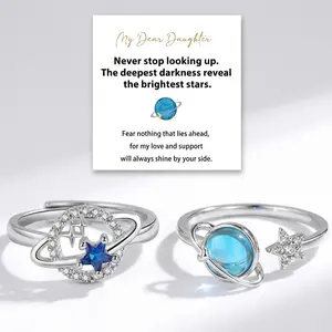 NBR4 2Pcs Adjustable Planet Ring Blue CZ Moon Star Ring for Daughter,Unique Empowering Gift for Teen Girls Jewelry Birthday Gift for Women, Present with Gift Card, Silver Plated Delicate Stackable Planet Rings,Open Wrap Finger Ring Comfort Fit Dainty