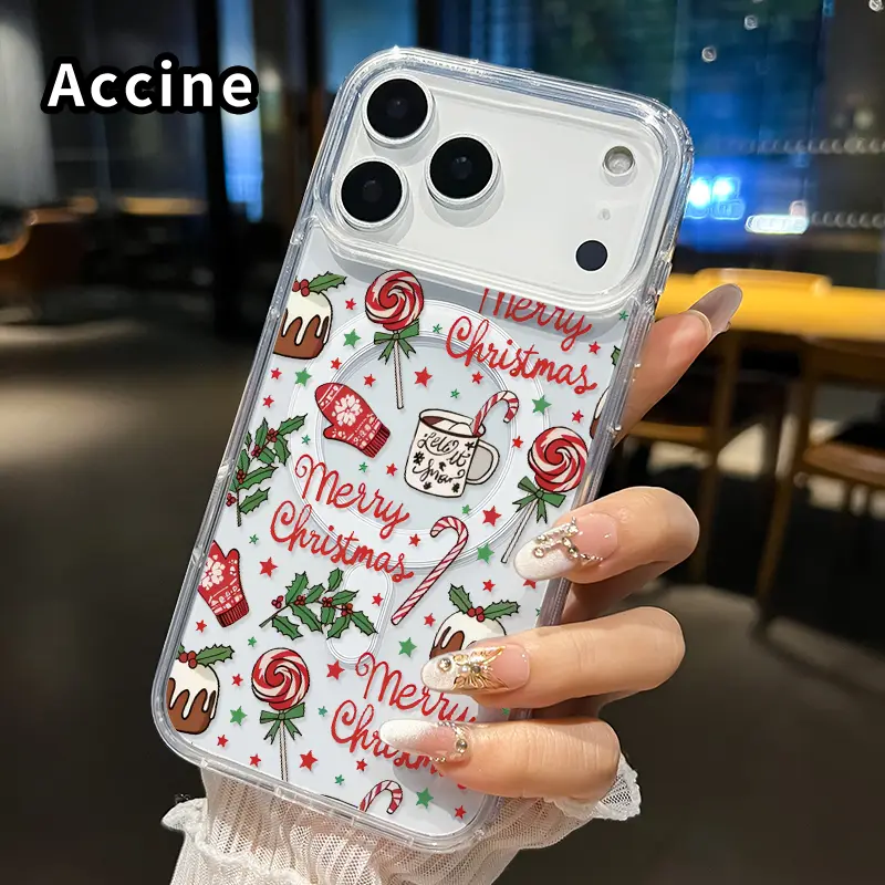 Transparent Magnetic Phone Case for iPhone 17 16  Pro Max Plus 15 14 13 12 11 Air E Christmas Delight Pattern  Patterned Acrylic Back Non Slip Protective Cover Gift