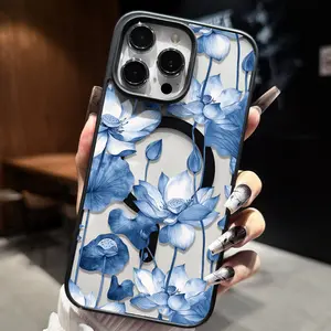 Blue Lotus MagSafe Phone Case, Shockproof Floral Clear Cover for iPhone 17/16/15/14/13/12/11 Pro Max, Soft TPU Protective Flower Pattern Case