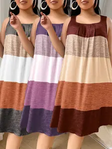 Women's Plus Size Striped Print Sleeveless Tank Dress Pajamas Set, Ultra-Comfortable Home Sleepwear, Wearable Casual Nightgown & Evening Gown, Nightgown Gifts, Nightdress Sleeveless
