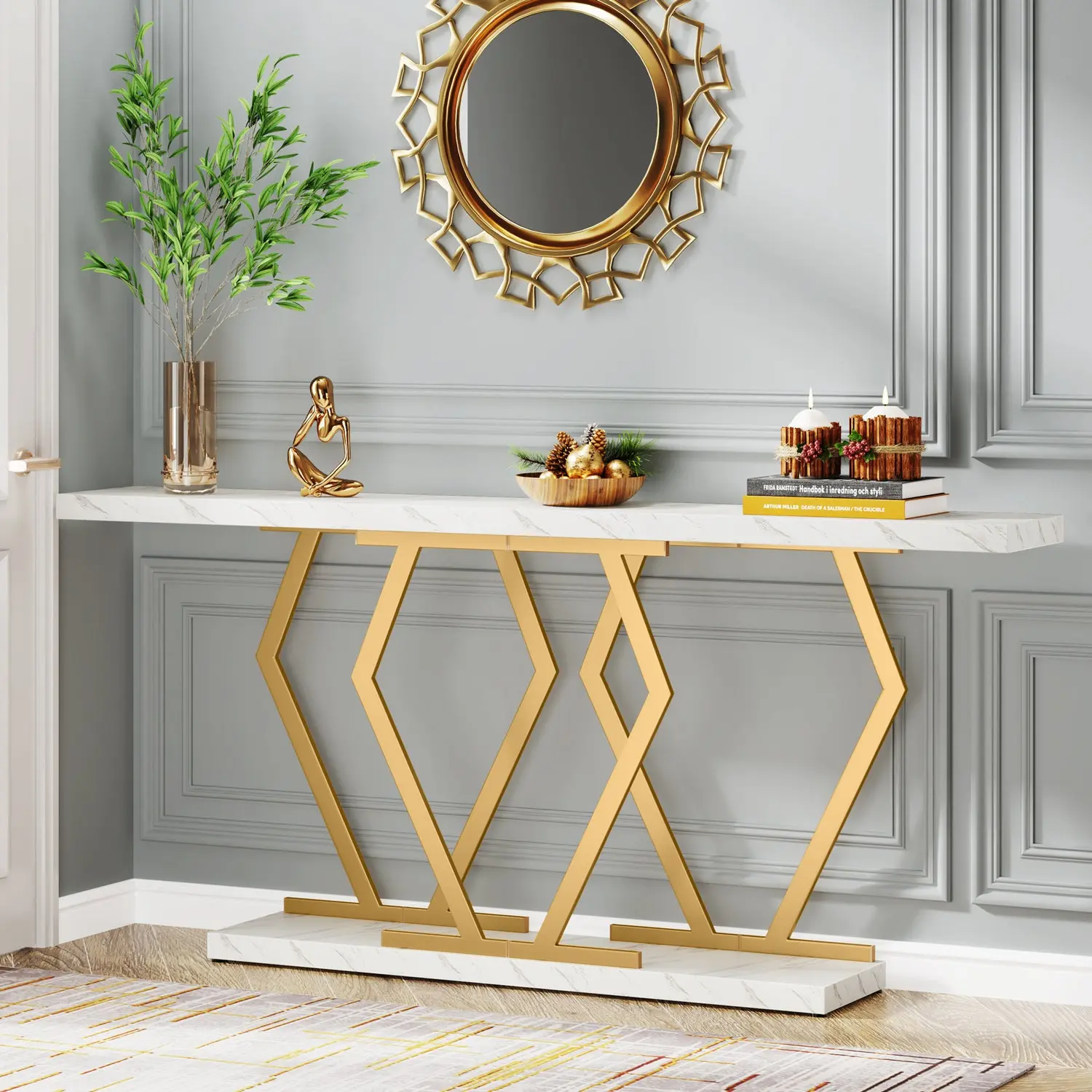 Spaco 70.9-Inch Extra Long Modern Accent Table - Black, Gold-Frame Console with Faux Marble Top, Gold-Accented Slimline Multi-Purpose Particleboard Modern Pedestal Table for Indoor Entryway, Gold-Accented Pedestal Tables, Modern Pedestal Tables
