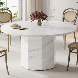 47" Round Dining Table for 4–6 | Faux Marble & Oak Finish