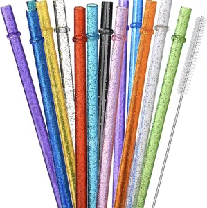 12-Pack Extra Long 13-Inch Glitter Straws with Cleaning Brush - Reusable Clear Plastic, Ideal for Stanley Tumblers Cups and Large Water Bottles (1 Gallon, 64 oz, 40 oz, 32 oz) Drinkware Stylish Reuse