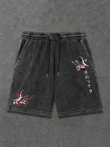 Men's Vintage Distressed Japanese Style Shorts, Base Color, Sakura Branch Graphic Print, Soft Cotton Fabric, Daily Wear, Casual