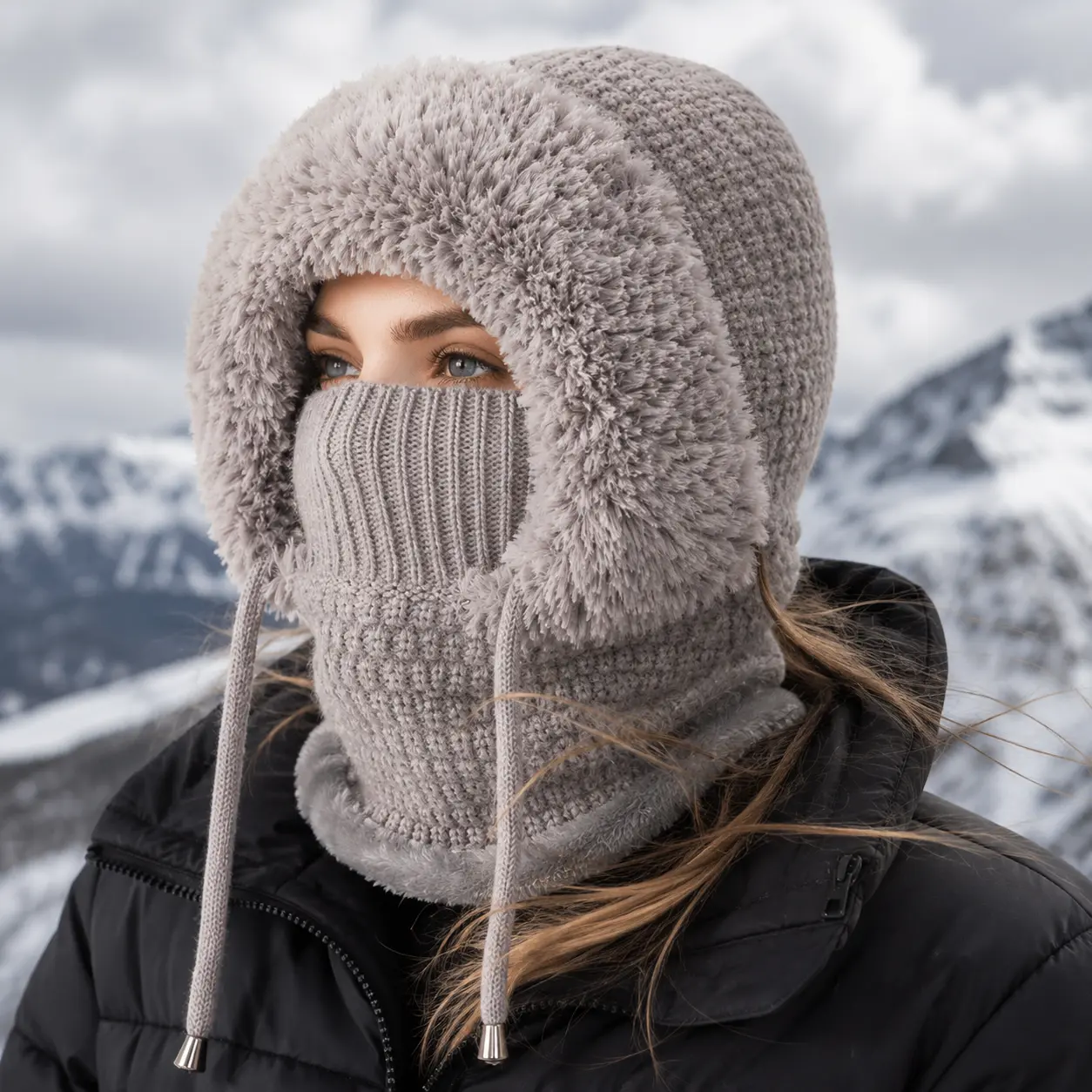 Womens Cozy Knit Balaclava Fuzzy Hooded Scarf Winter Warm Hat with Face Cover