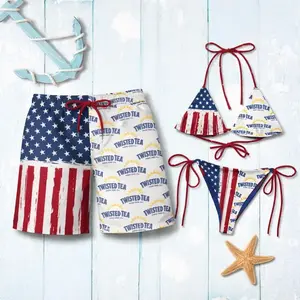Matching USA Flag Couple Swimwear Set – Women’s Bikini & Men’s Swim Shorts, Patriotic Red White Blue Swimsuit, Summer Beach Vacation Pool Party Outfit, Gift for Her & Him, Queen Vibe, Goft Idea
