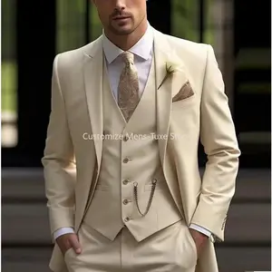 New Beige Suit Men Business Tuxedos Formal 3 Piece Set Jacket Vest Pants Single Breasted Groom Groomsman Prom Wedding Party Menswear Workwear business casual outfits Long Sleeve Plain