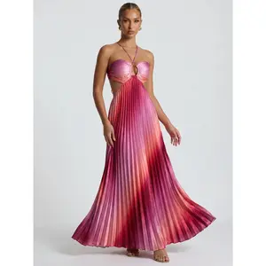 Youmi clothes Women's 2026 Ombre Pink Pleated maxi dress, Halter Cut Out vacation dress for Women, summer dresses for Beach Resort, pink dress for women Casual Womenswear