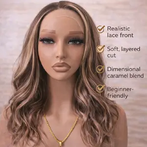 Watered Souls 18" Caramel Highlight Synthetic Wig 13x4 Lace Front 120 Density Scandinavian Hairline Heat Tolerance 350 Free Cap & Gift