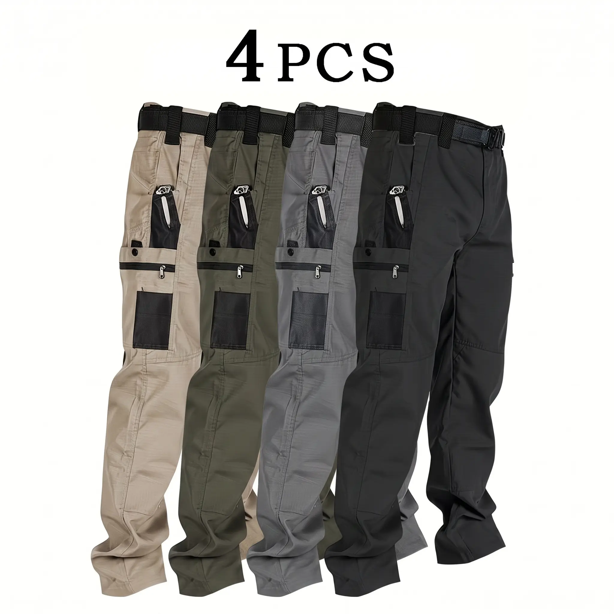 Nheals Men's 4-Pack Tactical Cargo Pants are crafted from a brand-new 230g/m² fabric, featuring multiple pockets and zipper closures. Available in a variety of colors, these pants are ideal for spring and summer wear.