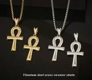 14K Gold Plated Iced Out Ankh Key Pendant  | Full CZ Diamond Egyptian Cross Chain | Hip Hop Luxury Jewelry for Men & Women black dahlia Gold-Plated Cuban Link Bubble Initial herringbone rain john pork graduation lei cruel intentions y2k call  necklace
