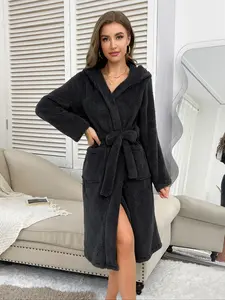 Women's Pink Rabbit Ear Robe Thickened Long Coat Autumn/Winter Fluffy Warm Home Wear Casual Comfortable Elegant Resort Pajamas Bathrobe Cover Up