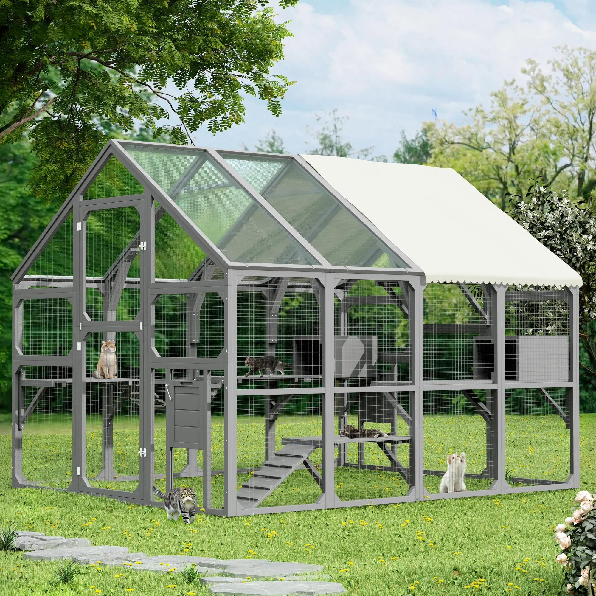 Large Walk-In Catio Outdoor Cat Enclosure for Multiple Cats, Multi-Level Wooden Cat House with 7 Platforms, 2 Resting Boxes, Bridge & Ramp, Sturdy Kitty Cage with Lockable Door & Weatherproof Sunshine Board Roof, Spacious Outdoor Kennel