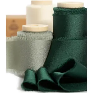 Silk Satin Ribbon 1-1/2 Inch x 15 Yard Green & Cream  Frayed Ribbons for  Wrapping  Shower Wedding Bridal Bouquets Holiday Decor Sage  White