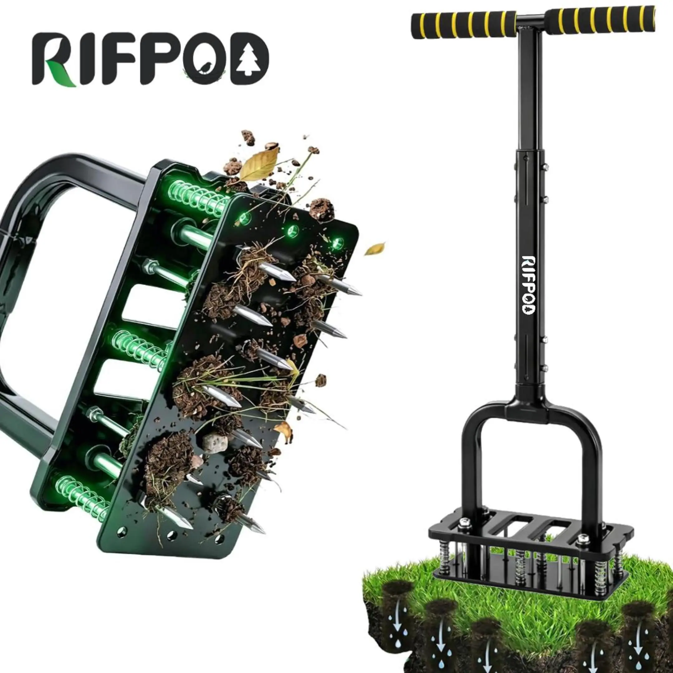 RIFPOD Lawn Aerator -Aerator Lawn Tool, Automatic Dirtand Leaf Clean Design, Heavy Duty Manual Lawn AeratorTool with 15 lron Spikes, Height Adjustable, Yard GrassAerator for Lawn (Black)