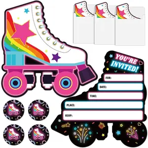 30pcs Neon Roller Skating Birthday Party Invitations Glow Skating Birthday Party Invite Decorations Supplies Favors 30 Cards with Envelopes and Stickers