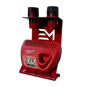 Charger and Battery Mount compatible with Milwaukee M12 - Rust-Resistant Red Powder Coat - Holds 2 M12 Batteries and 1 Charger - Includes Mounting Hardware