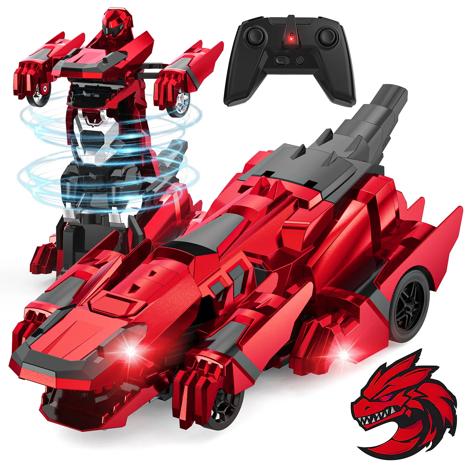 Dinosaur Transform RC Cars 2.4 GHz remote control car transforming robot with flashing lights and 360° rotation. One-button deformation car toy gifts for boys aged 4–7 or 8–12.