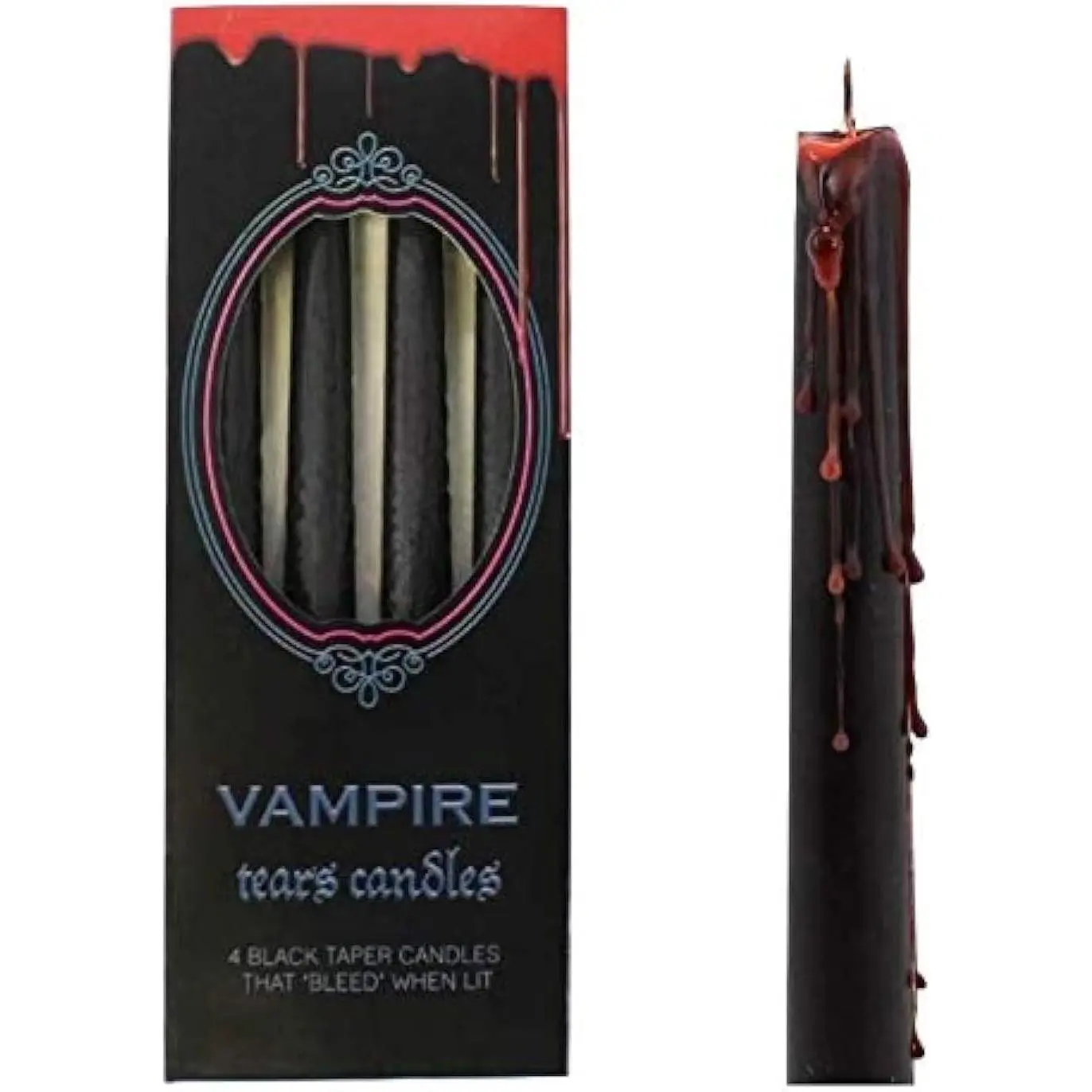 P-CDE01   Vampire Tears Black Candles - Set of 4 Bleeding Candles - Gothic Rituals Halloween Decor Spooky