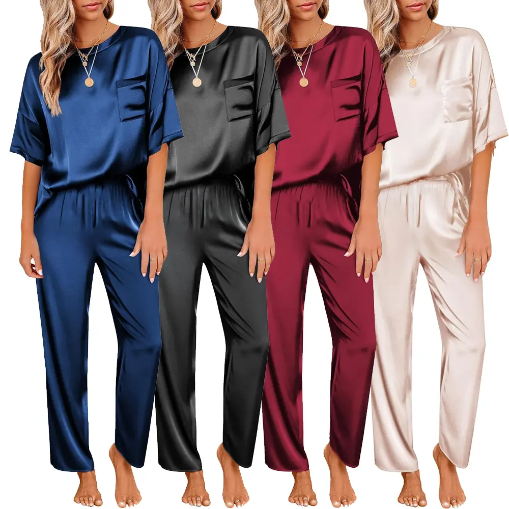 2 PCS Women's Satin Silky Pajama Set Short Sleeve Shirt with Long Pajama Pant Set Soft PJ Loungewear Sleepwear Pjs Set