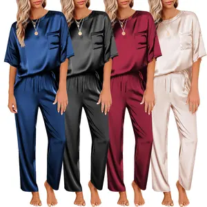 2 PCS Women's Satin Silky Pajama Set Short Sleeve Shirt with Long Pajama Pant Set Soft PJ Loungewear Sleepwear Pjs Set