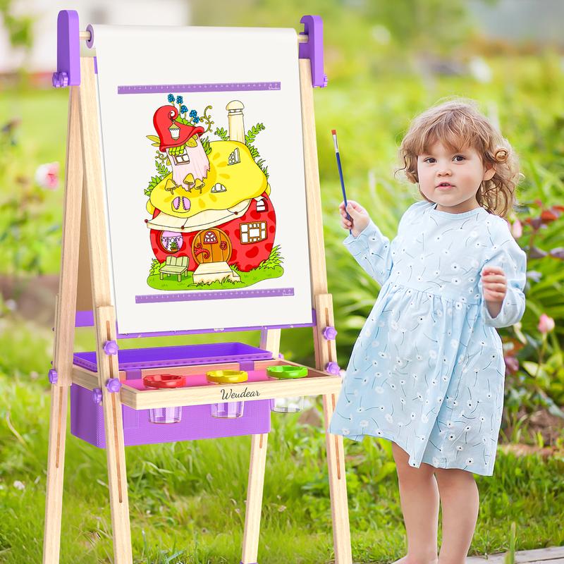【Kids Easel】Easel for Kids,Adjustable Wooden Kids Art Easel with Paper Roll,Double-Sided Magnetic Toddler Easels,Dry Erase Whiteboard and Chalk Board,Toys for 3 4 5 6 7 8 9 10 Year Old Girl Boy Gift