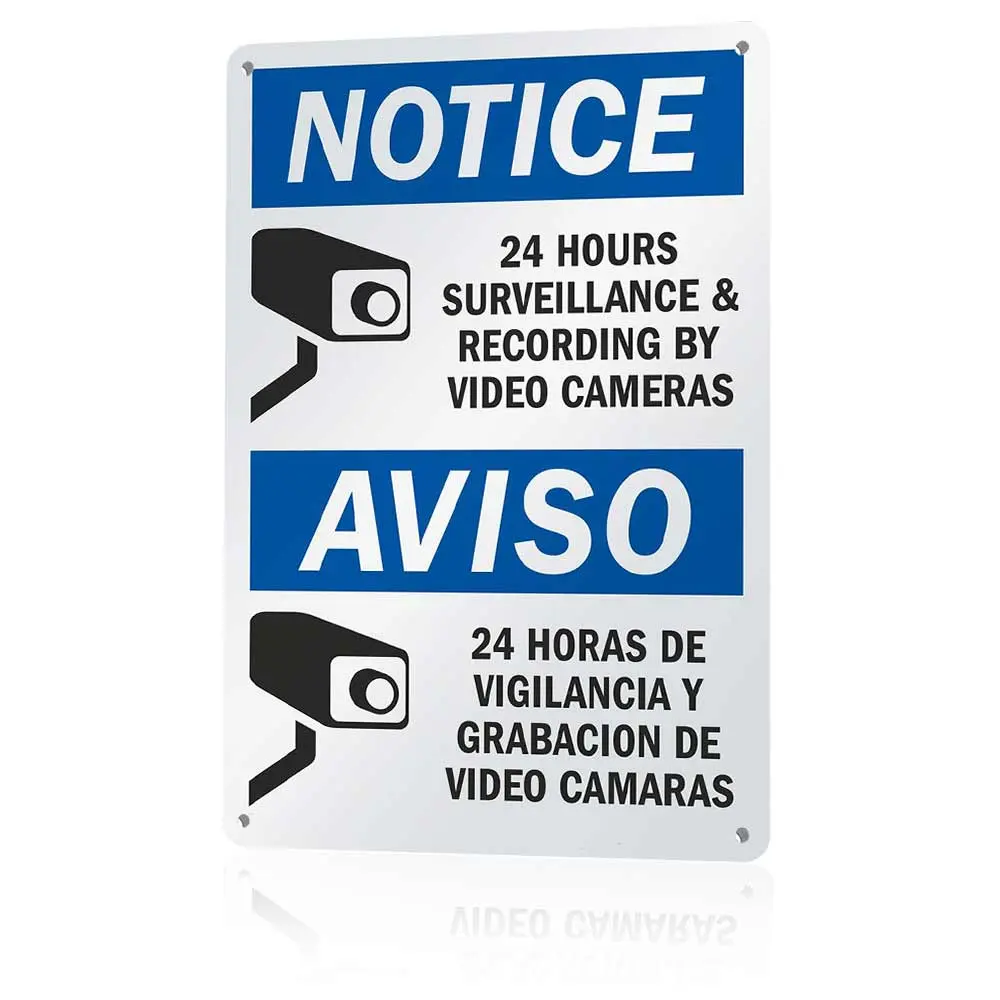 12x8 in Lightweight Aluminium Metal Camera Safety Sign, 24/7 CCTV Surveillance-Recording Bilingual Plaque, Colorful Metallic Eco-Friendly Vintage Retro Home Decor with Screws for Business Outdoor Screw-Mounted Wall Art Gift, Property Alert, Colorful Metal