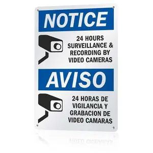 24 Hours Surveillance & Recording Bilingual Metal Sign 12x8 In Aluminum, Vintage CCTV Warning Tin Sign for Home, Business, Property, Retro Security Wall Art, 12x8 Inch Aluminum Plaque