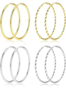 8Pcs Clip On Hoop Earrings for Women Stainless Steel, Silver Gold Non Piercing Big Hoop Earring Hypoallergenic Twisted Hoop Earrings for Non Pierced Lightweight Ears