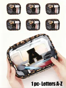 1pc Transparent Pvc Leopard Portable Storage Bag With Black Towel Embroidery Letter A-Z, Large Capacity Makeup Organizer, Makeup Bag With Zippered, Makeup Pouch, Cosmetic Bag, Toiletry Bag, Travel Cosmetic Bags, Travel Essentials, Waterproof
