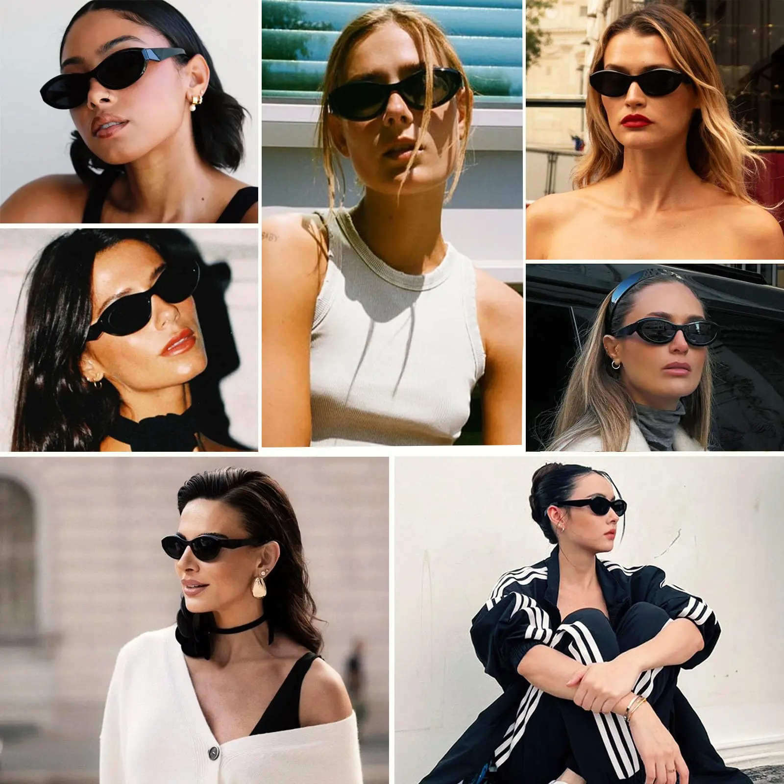 Retro Oval Cat Eye Sunglasses Unisex Vintage 90s UV400 Protection Vintage 90s Slim Black Oval Cat Eye Sunglasses - Etsy main image 2