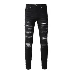 NexusGarbsMen'sBlackDistressedBandannaPatchworkHolesRepairedSkinnyStretchMoustacheSlimFitRippedJeansMen