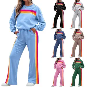 Thick-fabric rainbow pullover set for women, 2025 winter long-sleeve pants two-piece set | Women's 2025 Winter Fleece-Lined Rainbow Hoodie Set  |