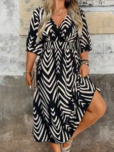 Plus Size Geometric Print V Neck Midi Dress, High Split Design, Three Quarter Sleeves, a Line Shape, Urban Casual Style, Womenswear