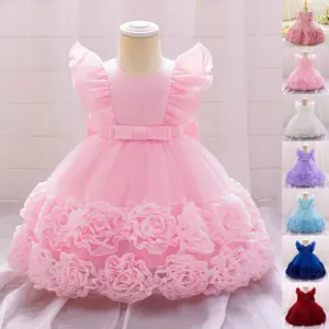 Anniversary 113 Pink Baby Girls Clothes Big Bow Infant Birthday Cocktail Dress Toddler Pageant Newborn Ball Gown Princess Baptism Frock 6M-3Y