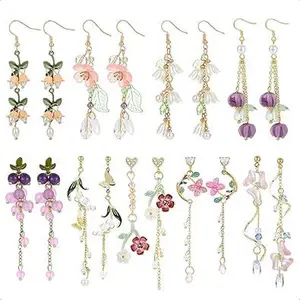 9 Pairs Floral Earrings Set Inspired Long Dangle Flower Leaf Designed Earrings With Pearl Accents And Tassel Statement Earrings for Women
