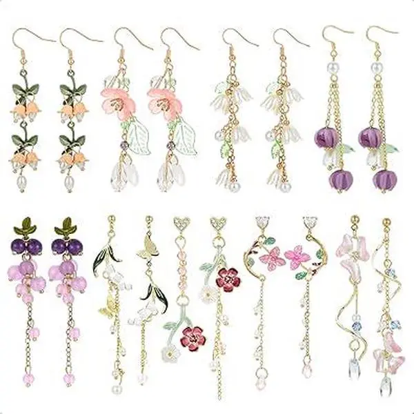 9 Pairs Floral Earrings Set Inspired Long Dangle Flower Leaf Designed Earrings With Pearl Accents And Tassel Statement Earrings for Women
