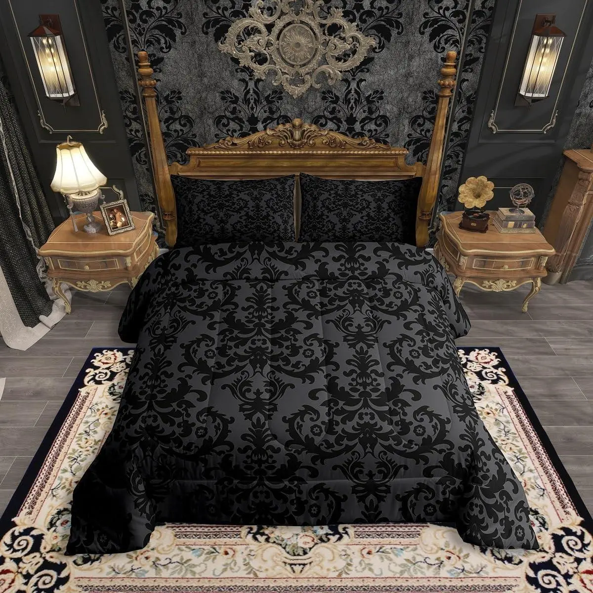 Feelyou Multi-Size All Seasons Breathable Adults' Black Damask Duvet Set - Antique Victorian Baroque Design, Gothic Vintage Floral Quilted, Exotic Bohemian Grey, Travel-Friendly Bedding Set