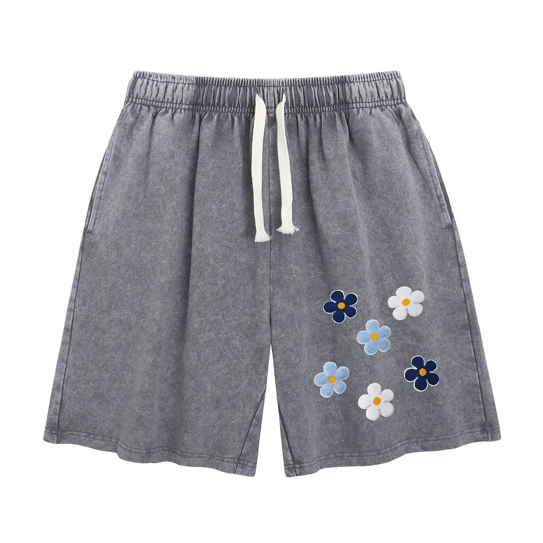 Men's Oversized Loose-Fit Heavyweight Cotton Retro Acid Wash Shorts - Colorful Daisy Floral Graphic Printed Unisex Streetwear Casual Shorts Menswear