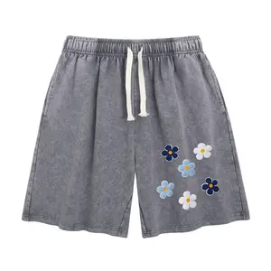 Holafish Heavyweight Cotton Retro Acid Wash Shorts, Colorful Daisy Floral Graphic Printed Unisex Streetwear Casual Shorts for Summer Outdoor Daily Wear