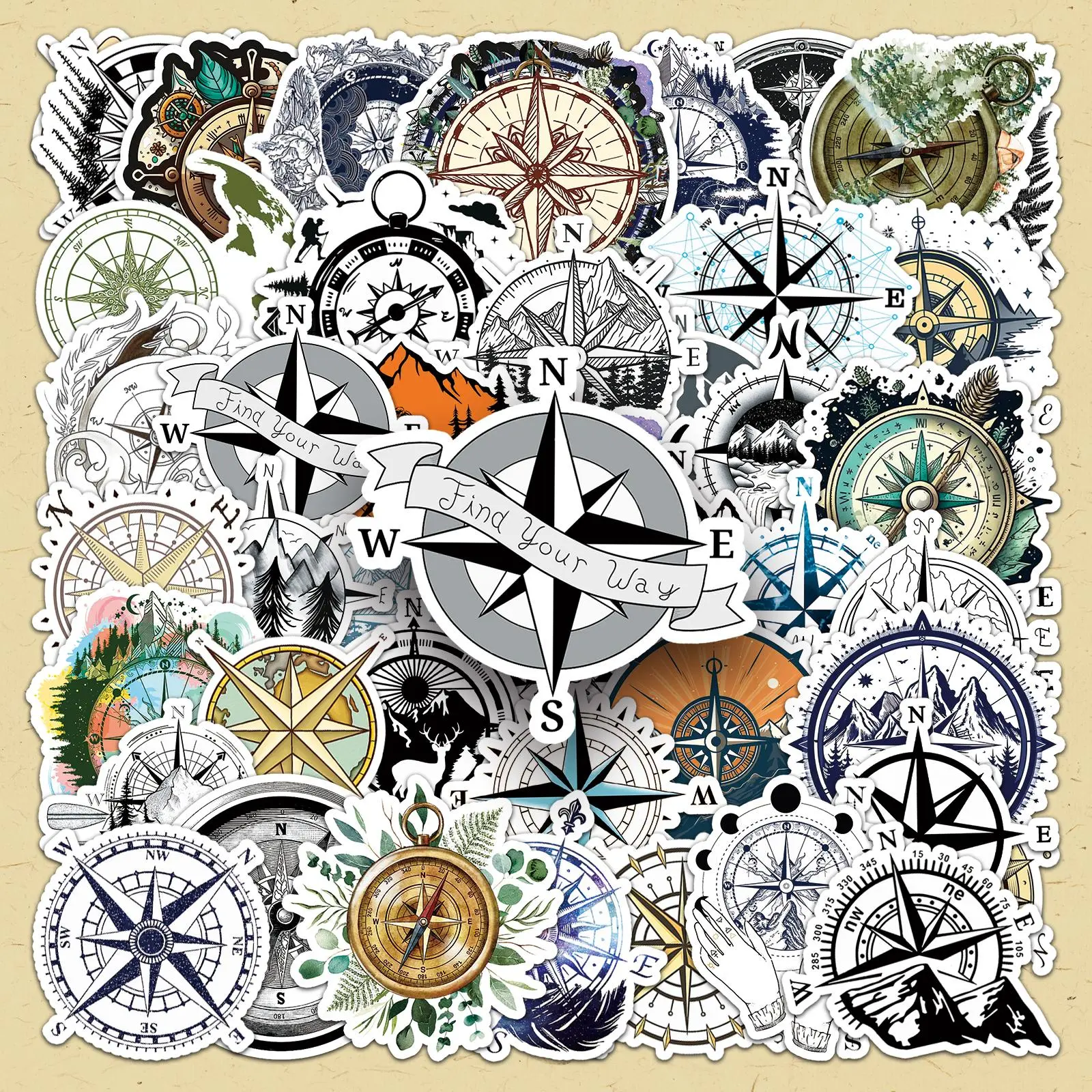 Compass Design Sticker, 100pcs/set Sticker Packs Creative Compass Sticker, DIY Decorative Sticker for Scrapbooking & Journal Making, Art Stickers