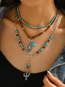 3 Pcs Vintage Beaded Necklace Set, Irregular Seed Beads, Turquoise Sweater Chain, Velvet Water Drop Cactus Pendant, Unique Jewelry Gift