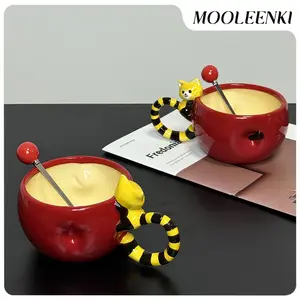 UFORU Cute and Creative Ceramic Mug Set, Strawberry/Watermelon/Coconut/Panda Coffee Cup with Lid/Straw/Spoon, Ceramic Cup Home, Microwave Dishwasher for Office Use, Instagram Style Cute Girl Gift