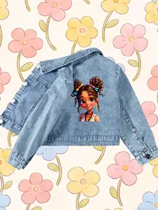 Adorable Girl Pattern Denim Jacket, Loose Fit Design, All-Season Wear, Casual Style, Perfect for Daily, Shopping, Outdoor Leisure, Adorable Girl Print