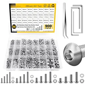 900 count Metric Screw Assortment, M3 M4 M5 M6 Screw Assortment Kit 304 Stainless Steel Hex Socket Button  Socket Cap Metric Screws  & Flat Washers/Nuts/Hex Wrenches 16 Sizes 8MM to 20MM